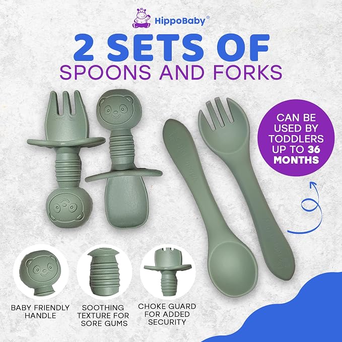HippoBaby Baby Led Weaning Supplies | 10 Piece Silicone Baby Feeding Set, Baby Toddler Bib Cup Divided Plate and Bowl Self Feeding Spoons Dish Set,Baby Utensils | Toddler Feeding Supplies