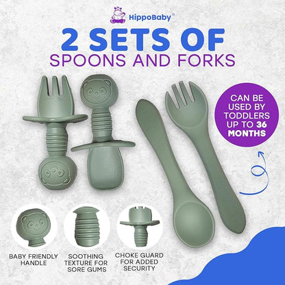HippoBaby Baby Led Weaning Supplies | 10 Piece Silicone Baby Feeding Set, Baby Toddler Bib Cup Divided Plate and Bowl Self Feeding Spoons Dish Set,Baby Utensils | Toddler Feeding Supplies