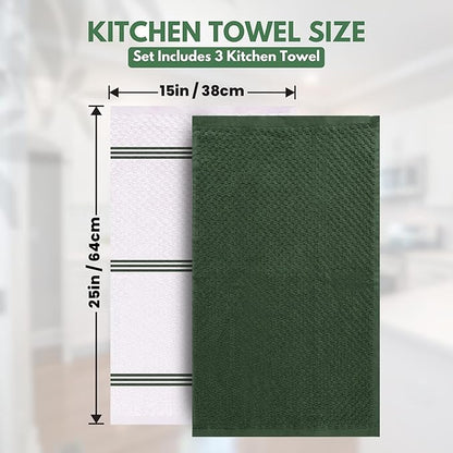 Infinitee Xclusives Premium Kitchen Towels – Pack of 3, 100% Cotton 15 x 25 Inches Absorbent Dish Towels - Terry Kitchen Dishcloth Towels - Green Dish Cloth for Household Cleaning
