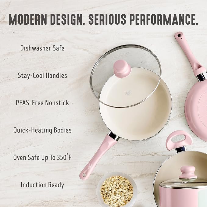 GreenLife 16-Piece Nonstick Cookware Set, Non-Toxic Ceramic Pots and Pans Set, Durable Healthy Kitchen Essentials, Fast Heating, Induction Ready, Easy Clean Dishwasher Safe, PFAS-Free, Blush Pink