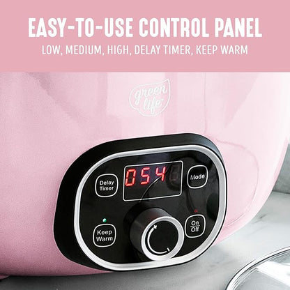 GreenLife 8QT Slow Cooker, Non-Toxic PFAS-Free Ceramic Nonstick Removable Interior Bowl, Programmable, Family Friendly, Keep Warm, Stovetop & Oven Safe, Dishwasher Safe Crock, Timer, Glass Lid, Pink