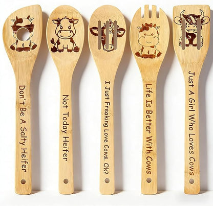 Cow Wooden Spoons for Cooking, Highland Cow Gifts for Women, Cute Cow Kitchen Decor Cow Stuff, Engraved Non-stick Bamboo Cow Kitchen Accessories, Cow Themed Gift for Cow Lovers