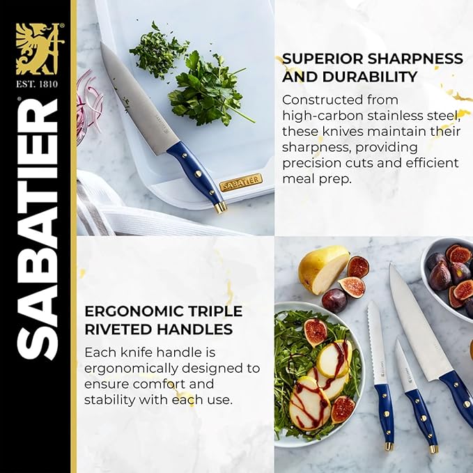 Sabatier 3-Piece Chef Set - 8" Chef Knife, 5.5" Serrated Utility Knife, 3.5" Paring Knife, Protective Blade Tip - Kitchen Cooking Essentials with High-Carbon Stainless Steel Blades & Durable Handle