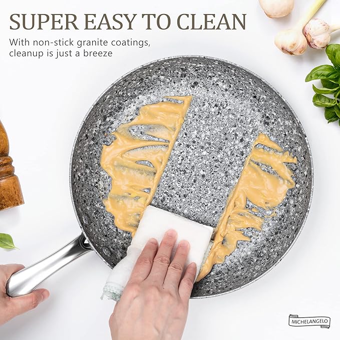 MICHELANGELO Granite Frying Pan with Lid, Nonstick 12 Inch Frying Pan with Non toxic Granite Coating, Induction Compatible