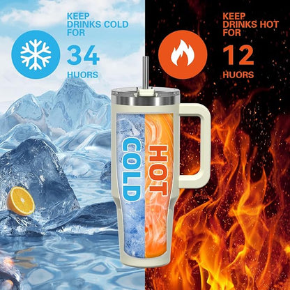 40 oz Tumbler with Handle,Tumbler with Lid and Straw,Double Wall Insulated Cup Stainless Steel Travel Mug(Cold for 34 Hours),Water Bottle for Iced Tea,Coffee,Cold Beverages(Cream White)