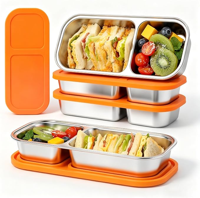 BEFOY 4 Pack Stainless Steel Snack Containers with Lids, 2-Compartments Reusable Bento Lunch Box for Adults, Food Storage Containers Divided Meal Prep Box for Home, Work, Travel (2 Compartments)