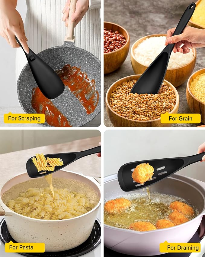 Pack of 2 Cooking Spoons for Non Stick Cookware, Multifunction Spatula Spoon BPA-Free, One-Piece Design, Suitable for Scooping, Scraping, Serving and Mixing(BLACK)