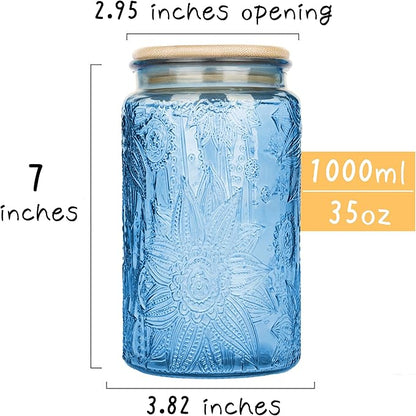 Custde Glass Storage Jars With Airtight Lid, 35oz Canister For Kitchen Counter with Bamboo Lid, brown sugar, candy, coffee, cookie, salt, tea,pantry cute Jar (Blue, 35 fl oz)