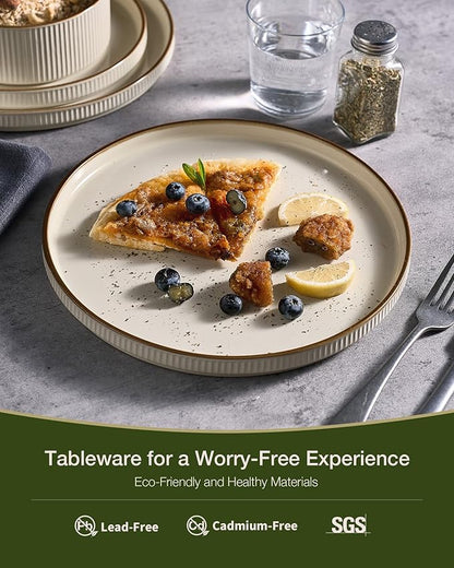 Famiware Star 16-Piece Stoneware Dinnerware Set with Trim, Service for 4 -Ceramic Mugs, Plates and Bowls, Modern Rustic Dishes with High Edge, Chip/Scratch Resistant, Microwave/Dishwasher Safe, Cream