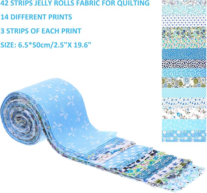 42Pcs Jelly Roll Fabric Strips Soft Cotton Quilting Fabric 2.5 x 20 Inch Pre-Cut Cotton Strips Bundles for Quilting Crafting and Sewing(Blue)
