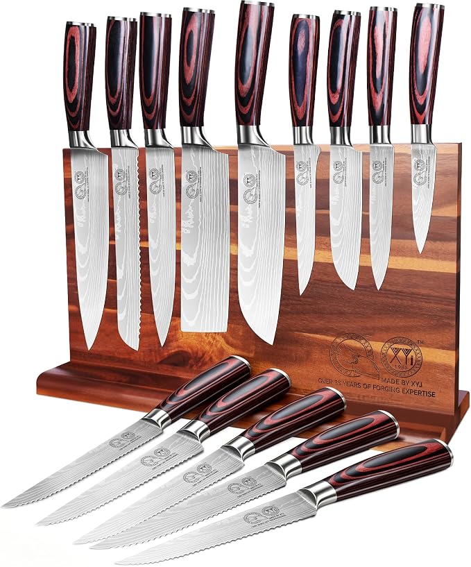 XYJ Knife Block Set,Stainless Steel 14Pcs Knives with Block,Honing Steel,Cutting Board,Gloves,Scissors,Steak Paring Slicing Boning Carving Santoku Nakiri Bread Kitchen Knife Set,Wood Handle