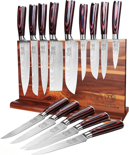 XYJ Knife Block Set,Stainless Steel 14Pcs Knives with Block,Honing Steel,Cutting Board,Gloves,Scissors,Steak Paring Slicing Boning Carving Santoku Nakiri Bread Kitchen Knife Set,Wood Handle
