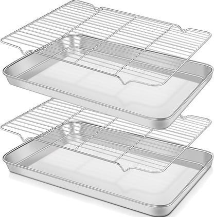 Baking Sheet with Rack Set (2 Pans + 2 Racks), Stainless Steel Cookie Sheets,Cookie Pan with Cooling Rack, Nonstick Baking Pan,Easy Clean,Heavy Duty,Oven & Dishwasher Safe, 16 x 12 x 1 Inches