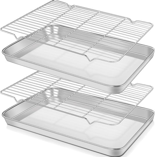 Baking Sheet with Rack Set (2 Pans + 2 Racks), 12 x 16 x 1 Inch Stainless Steel Heavy Duty Cookie Sheet with Wire Cooling Rack for Oven and Dishwasher Safe