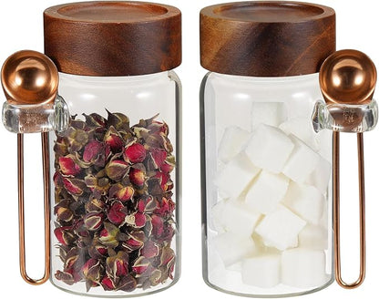 8 oz Small Glass Mason Jars with Scoop Wooden Screw Lid Spice Herb Storage Container Clear Round Glass Food Canister for Seasoning Sugar Tea Coffee Bean Spice Salts Pantry (2×250ml(8.4oz)with scoop)