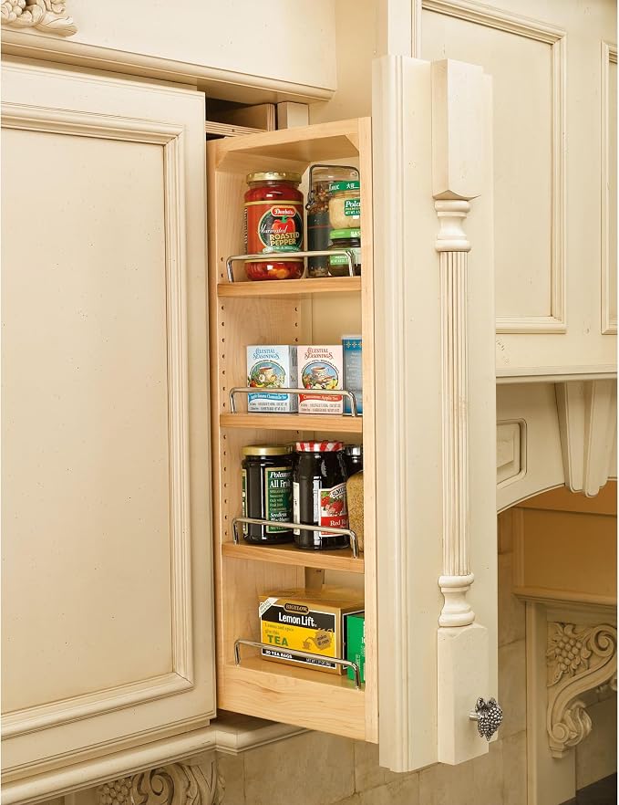 Rev-A-Shelf Kitchen Cabinet Pullout Wall Filler Wooden Organizer Slide Out Pantry Storage w/Soft-Close in Multiple Sizes, 3 x 42 in, 432-WFBBSC42-3C