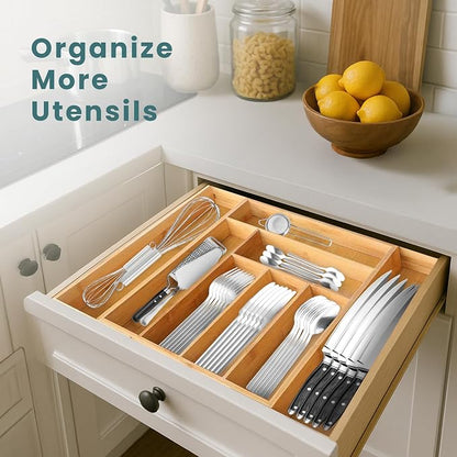 Sben Expandable Drawer Organizer for Utensils Holder, Adjustable Cutlery Tray, Wood Drawer Dividers Organizer for Silverware, Flatware, Knives for Kitchen (Bamboo, Medium)