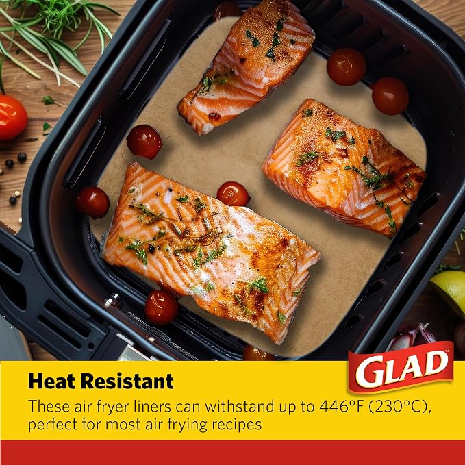 Glad Air Fryer Parchment Liners, Nonstick, Heat Resistant to 446 Degrees F, Food-Grade Material, Flat Square for Round and Square Air Fryer Baskets, 9" x 9", 100 Count
