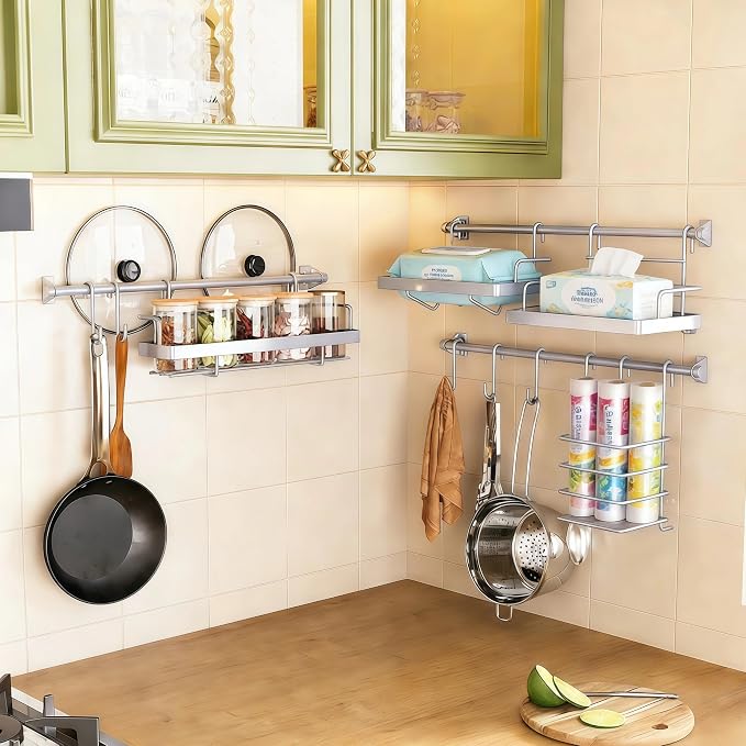 Kitchen Utensil Hanger & Spice Rack with Towel Rack Holder, 3 Sets Space-Saving Kitchen Wall Mount Shelf Storage Organizer with Hooks for Pantry, Countertop, Bathroom