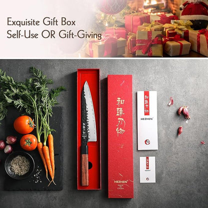 HEZHEN- 8.5 inch Chef Knife,3 Layers High Carbon Composite Forging Steel,Razor Sharp Kitchen Knife, Redwood Octagonal Handle With Wooden Knife Sheath with Premium Gift Box