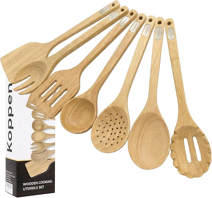 Koppen Rubber Wood Kitchen Utensils Set, Durable Wooden Cooking Spoon and Spatula Ladle for Nonstick Cookware, Non Toxic, Heat Resistant, Smooth Grip, Modern Elegant Design for Everyday (7 Piece Set)