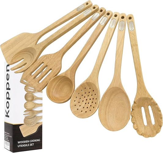 Koppen Rubber Wood Kitchen Utensils Set, Durable Wooden Cooking Spoon and Spatula Ladle for Nonstick Cookware, Non Toxic, Heat Resistant, Smooth Grip, Modern Elegant Design for Everyday (7 Piece Set)