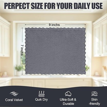 Kitinjoy 24 Pack Kitchen Cloths Dish Towels (7" x 9", Grey), Super Soft and Absorbent Dish Cloths, Nonstick Oil Fast Drying Coral Velvet Microfiber Cleaning