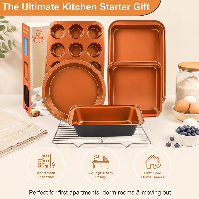 Baking Pans Set 6-Pieces, Non Stick Bakeware Set Stackable, with Cookie Sheet, Muffin, Round/Square Cake Pan, Loaf Pan, Rack, Oven Mitt for Home Baker, Gold
