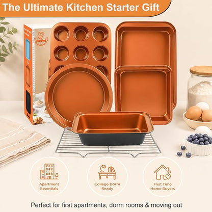 Baking Pans Set 6-Pieces, Non Stick Bakeware Set Stackable, with Cookie Sheet, Muffin, Round/Square Cake Pan, Loaf Pan, Rack, Oven Mitt for Home Baker, Gold