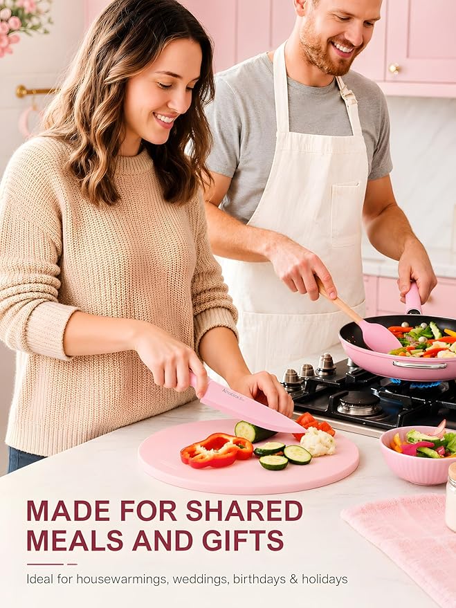 Astercook Knife Set with Block and Sharpener, 22 Piece Kitchen Knife Set Dishwasher Safe, Space-Saving Clear Knife Block with Knives for Everyday Home Cooking Pink