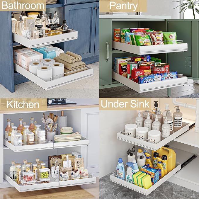 Mingling 2 Pack Pull Out Cabinet Organizer, Carbon Steel Heavy Duty Slide Out Drawer, 21" Deep White Adhesive Pull Out Drawers for Cabinets, Roll Out Shelves for Kitchen Organization, Pantry, Bathroom