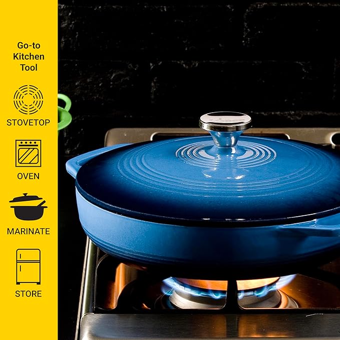 Lodge Essential Enamel Braiser 3.5 Quart - Refrigerator- & Oven-Safe up to 500° F - Heat-Retaining, Induction-Safe & PFAS-Free Enamel Cookware - Caribbean Blue