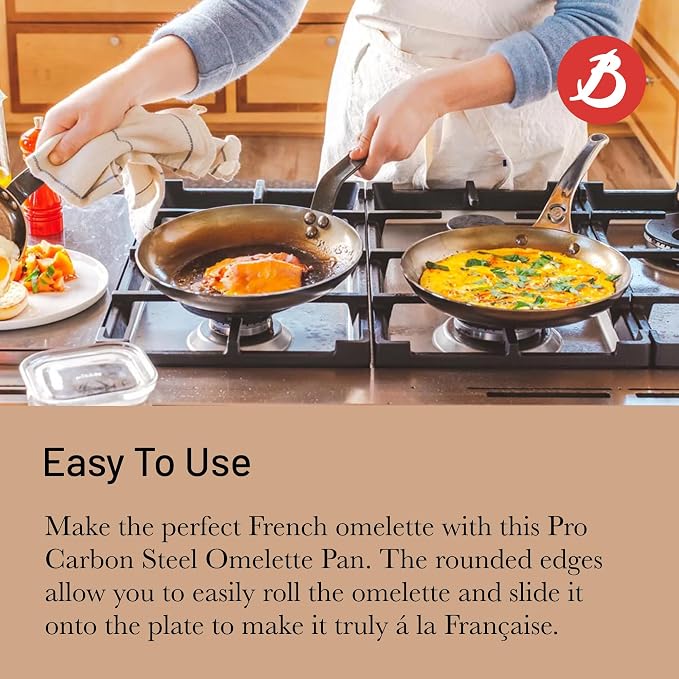 de Buyer MINERAL B Pro Carbon Steel Omelette Pan - 9.5” Diameter, 7.7” Cooking Surface - Naturally Non-Stick Finish - Made in France