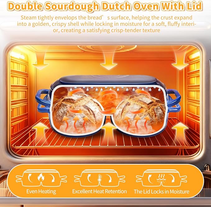 Mini Double Dutch Oven For Sourdough Bread Baking, 2.2QT Enameled Cast Iron Dutch Oven Pot With Lid, Non Stick Dual Round Bread Loaf Pan, 500°F Oven Safe, Sourdough Baking Pan For Homemade Baking