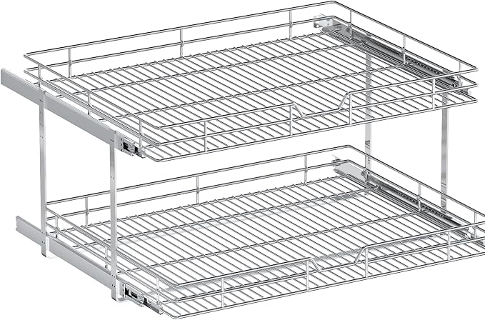 2-Tier Pull Out Cabinet Organizer, 30" W x 21.5" D, Heavy Duty Dual Slide Out Shelves for Wide Base Cabinets, Chrome Wire Basket Drawer for Pots, Pans, Pantry & Cleaning Supplies
