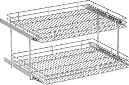 2-Tier Pull Out Cabinet Organizer, 30" W x 21.5" D, Heavy Duty Dual Slide Out Shelves for Wide Base Cabinets, Chrome Wire Basket Drawer for Pots, Pans, Pantry & Cleaning Supplies
