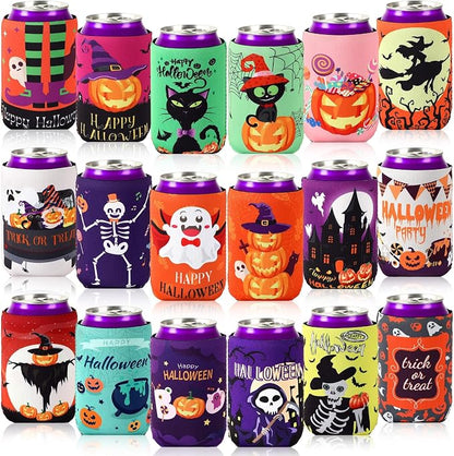 Halloween Can Cooler Sleeves, 18pcs 12 oz Cold Drinks Beer Drink Can Bottle Cooler Sleeves for Trick or Treat Party Favors Decorations Supplies