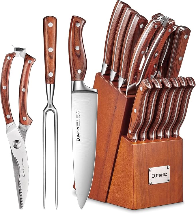 Kitchen Knife Set, 16 Pcs Stainless Steel Kitchen Knife Set with Sharpener & Wooden Block, Knife Block Set with Wood Handle, Chef, Santoku, Bread, Utility, Paring & Carving Fork Knife, Brown