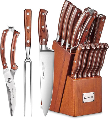 Kitchen Knife Set, 16 Pcs Stainless Steel Kitchen Knife Set with Sharpener & Wooden Block, Knife Block Set with Wood Handle, Chef, Santoku, Bread, Utility, Paring & Carving Fork Knife, Brown