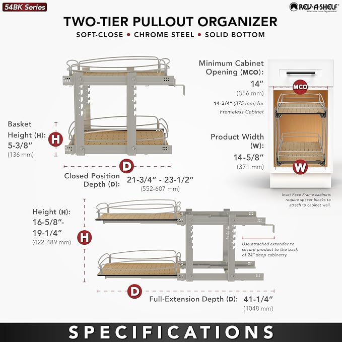 Rev-A-Shelf 2 Tier Pull Out Kitchen Cabinet Storage Organizer with Solid Bottom & Undermount Soft-Close Full Extension Slides, Min Opening Width of 14", 54BK-15SC-2-1