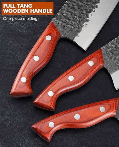 Professional Butcher Knife Set, Hand Forged Heavy Duty Meat Cleaver Serbian Chef Knife Viking Boning Knife 3PCS Kitchen Set for Meat Cutting Home Kitchen Outdoor Camping BBQ Cooking Gift for Men
