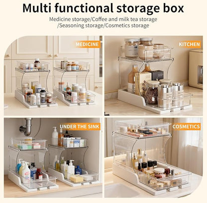 Jsyrjing Pull Out Spice Rack, 2 Tier Clear Cabinet Organizer for Kitchen and Bathroom Storage, Rotating Pantry Organizer and Makeup Organizer for Drawer, Durable Design, 2 Pack Under Sink Organizer
