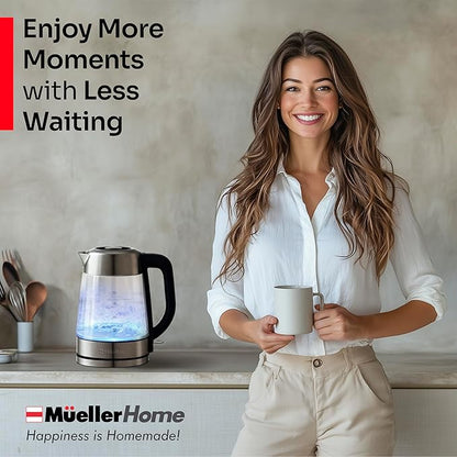 MUELLER HOME Rapid Boil Electric Tea Kettle 1.8L – Borosilicate Glass & Stainless Steel – BPA-Free Hot Water Boiler, LED Light, Auto Shut-Off, Boil Dry Protection Fast Water Heater, Kitchen Appliances