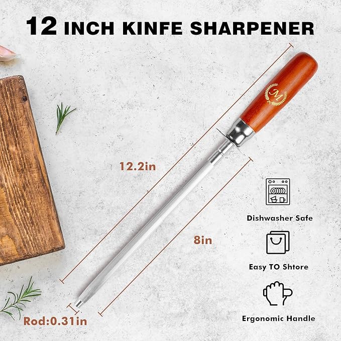 Knife Sharpener Rod, 13 Inch Carbon Steel Honing Steel for Kitchen Knives, Professional Magnetized Sharpening Stick with Nickel-Chrome Plating, Easy Grip Tool for Chef Knives (Laurel M, Wooden Handle)