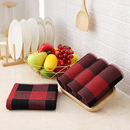 Homaxy Kitchen Towels and Dishcloths Set, 12 x 12 and 13 x 28 Inches, Set of 12 100% Cotton Waffle Weave Check Plaid Kitchen Dish Towels, Super Soft and Absorbent Dish Cloths, Black & Red