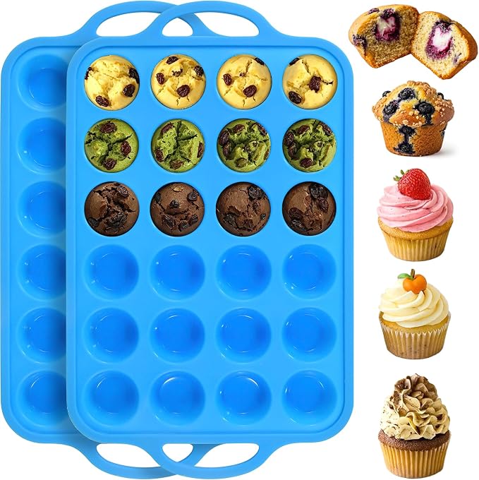 2 Pack Silicone Mini Muffin Pan with Stainless Steel Reinforced Frame 24 Cups Nonstick Mini Cupcake Pans with Handle for Baking Muffins, Cupcakes, Egg Bites, Dishwasher Safe