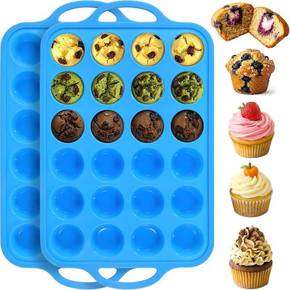 2 Pack Silicone Mini Muffin Pan with Stainless Steel Reinforced Frame 24 Cups Nonstick Mini Cupcake Pans with Handle for Baking Muffins, Cupcakes, Egg Bites, Dishwasher Safe