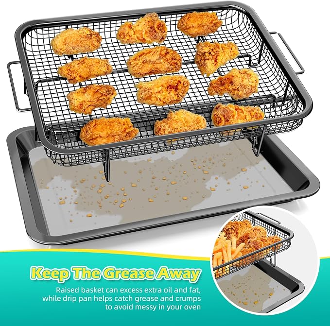 Air Fryer Basket for Oven, OPENICE 15.3" x 11.0" Air Fryer Tray and Pan Set with 30PCS Parchment Papers, Stainless Steel Oven Air Fryer Basket and Tray for Baking Grilling - Black