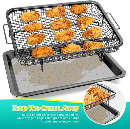 Air Fryer Basket, OPENICE 2 Set Air Fryer Pan and Crisper Tray for Oven, Non-stick Oven Air Fryer Basket for Baking and Crispy Foods - Black