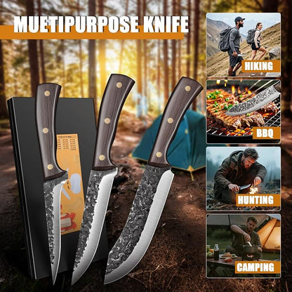 Chef Knife set 3Pcs, Professional Kitchen Knives, Sharp Butcher knife sets, Hand-forged High Carbon Steel Fillet Knife Meat Cleaver Viking Boning knife for Cooking, Gift Box